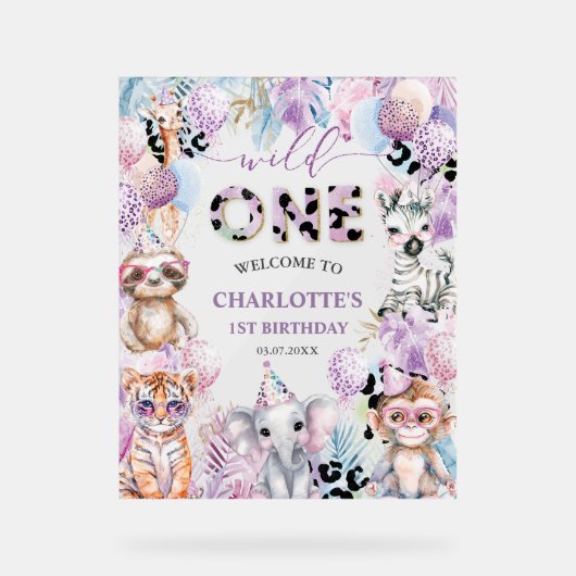 Wild One Oerwoud Animal Safari 1e verjaardag Welko Acryl Bord (Voorkant)