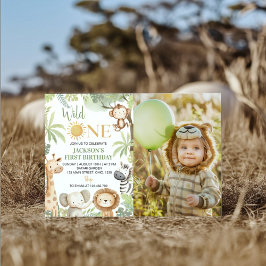 Wild One Oerwoud Animals 1st Birthday Foto Kaart