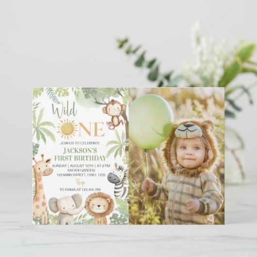 Wild One Oerwoud Animals 1st Birthday Foto Kaart (Staand voorkant)