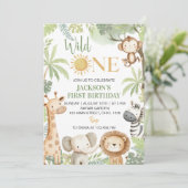 Wild One Oerwoud Animals 1st Birthday Invitation Kaart (Staand voorkant)
