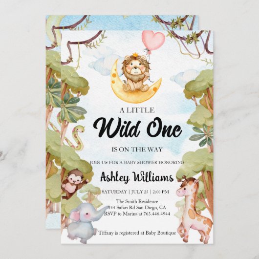 Wild One Oerwoud Animals Boy Baby shower Invitatio Kaart (Voorkant / Achterkant)