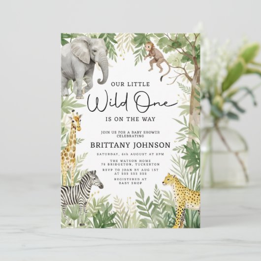 Wild One Oerwoud Animals Safari Theme Baby shower Kaart (Staand voorkant)