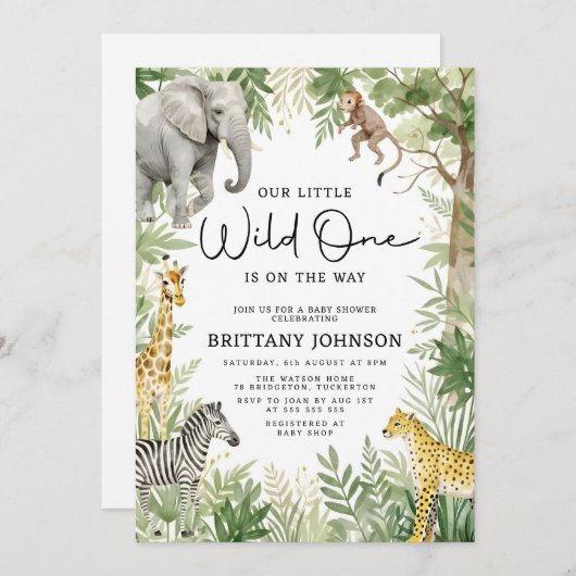 Wild One Oerwoud Animals Safari Theme Baby shower Kaart (Voorkant / Achterkant)