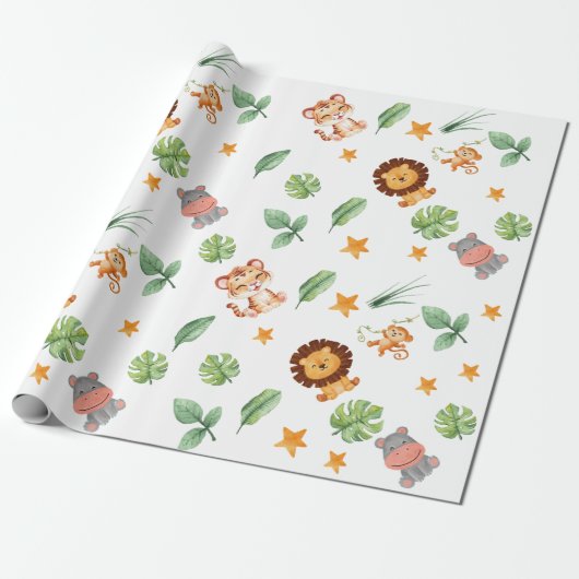 Wild One Oerwoud Animals Tropical Boy Birthday Cadeaupapier (Uitgerold)