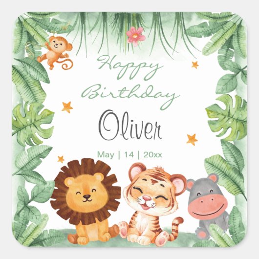 Wild One Oerwoud Animals Tropical Boy Birthday Vierkante Sticker (Voorkant)