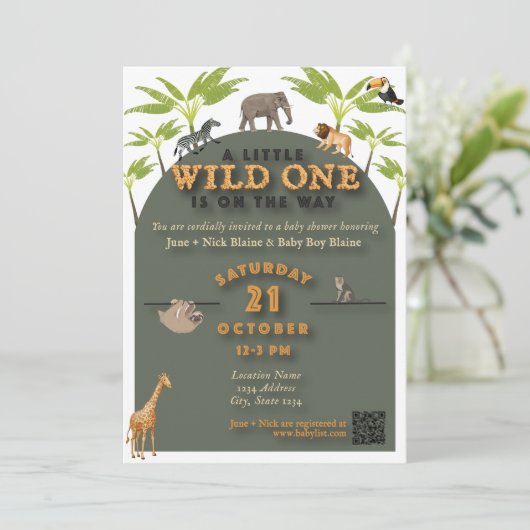 "Wild One" Oerwoud Baby shower Invitation (v2) Kaart (Staand voorkant)