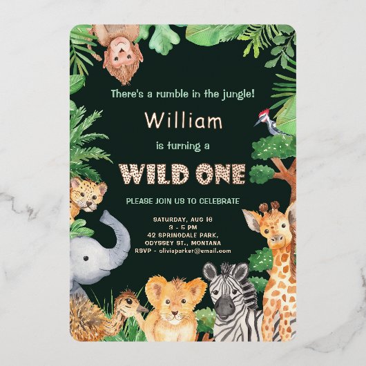 Wild One Oerwoud Boy First Birthday Roos Gold Foil Folie Uitnodiging (Voorkant)
