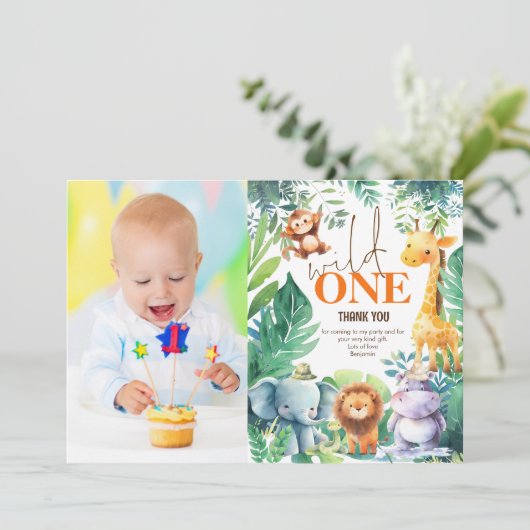 Wild One Oerwoud Foto 1e verjaardagsfeest Dank u Kaart (Staand voorkant)