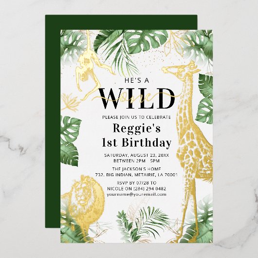 Wild One Oerwoud Greenery & Gold Foil Invitation Folie Uitnodiging (Voorkant / Achterkant)