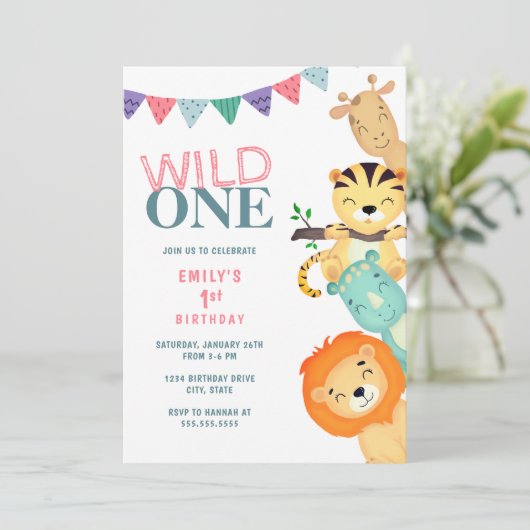 Wild One Oerwoud Safari 1e Verjaardagsuitnodiging Kaart (Staand voorkant)