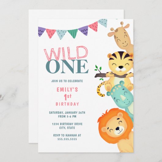 Wild One Oerwoud Safari 1e Verjaardagsuitnodiging Kaart (Voorkant / Achterkant)