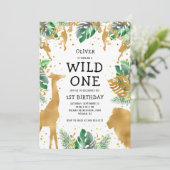 Wild One Oerwoud Safari 1st Birthday Gold Green Kaart (Staand voorkant)