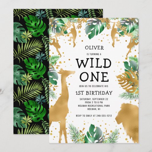 Wild One Oerwoud Safari 1st Birthday Gold Green Kaart (Voorkant / Achterkant)