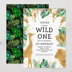 Wild One Oerwoud Safari 1st Birthday Gold Green Kaart