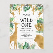 Wild One Oerwoud Safari 1st Birthday Gold Green Uitnodiging Briefkaart (Voorkant)