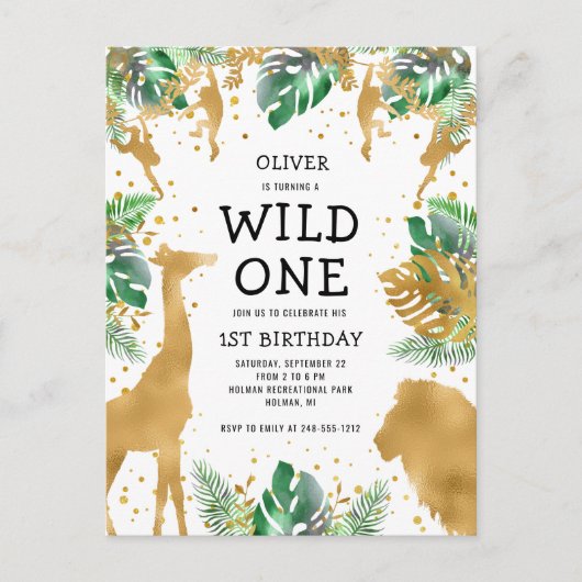 Wild One Oerwoud Safari 1st Birthday Gold Green Uitnodiging Briefkaart (Voorkant)