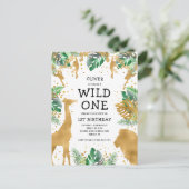 Wild One Oerwoud Safari 1st Birthday Gold Green Uitnodiging Briefkaart (Staand voorkant)