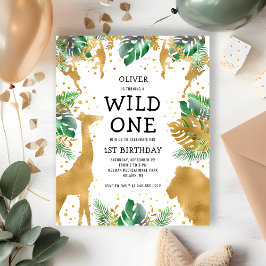 Wild One Oerwoud Safari 1st Birthday Gold Green Uitnodiging Briefkaart