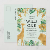 Wild One Oerwoud Safari 1st Birthday Green Uitnodiging Briefkaart (Voorkant / Achterkant)