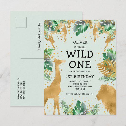 Wild One Oerwoud Safari 1st Birthday Green Uitnodiging Briefkaart (Voorkant / Achterkant)