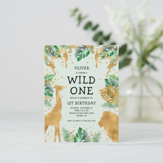 Wild One Oerwoud Safari 1st Birthday Green Uitnodiging Briefkaart (Staand voorkant)