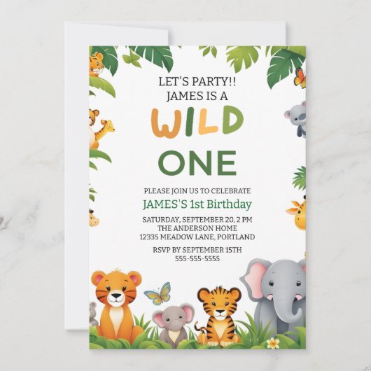 Wild One Oerwoud Safari 1st Birthday Invitation Ki Kaart (Voorkant)