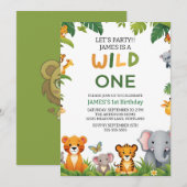 Wild One Oerwoud Safari 1st Birthday Invitation Ki Kaart (Voorkant / Achterkant)