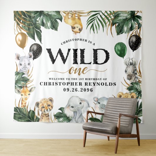 Wild One Oerwoud Safari 1ste verjaardag van de ach Wandkleed (In Situ (horizontaal))