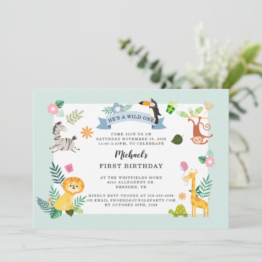 Wild One Oerwoud Safari Animal 1ste verjaardag Kaart (Staand voorkant)