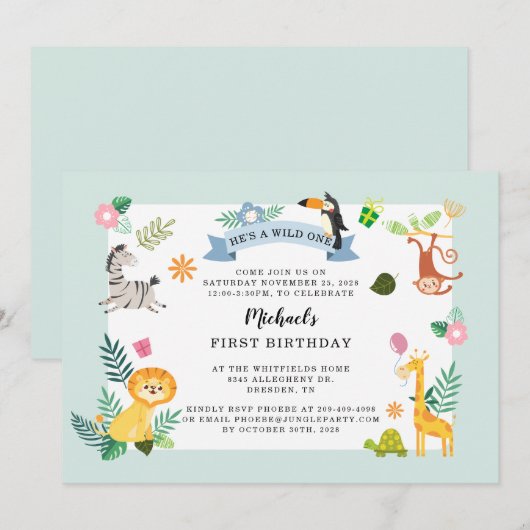 Wild One Oerwoud Safari Animal 1ste verjaardag Kaart (Voorkant / Achterkant)