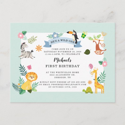 Wild One Oerwoud Safari Animal 1ste verjaardag Uitnodiging Briefkaart (Voorkant)