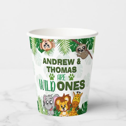 Wild One Oerwoud Safari Animal Twins First Birthda Papieren Bekers (Voorkant)