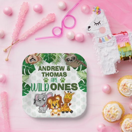 Wild One Oerwoud Safari Animal Twins First Birthda Papieren Bordje (Feest)