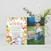 Wild One Oerwoud Safari Animals 1e Verjaardag Foto Kaart (Staand voorkant)