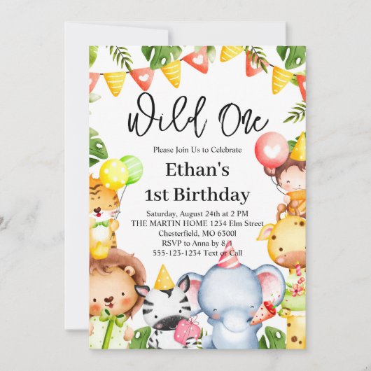Wild One Oerwoud Safari Animals 1e verjaardag Kaart (Voorkant)