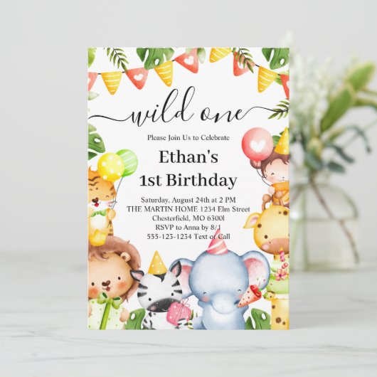 Wild One Oerwoud Safari Animals 1e verjaardag Kaart (Staand voorkant)