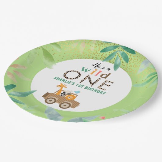 Wild One Oerwoud Safari Animals 1e verjaardag Papieren Bordje (Gekanteld)