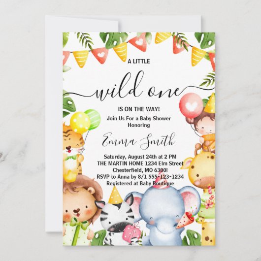 Wild One Oerwoud Safari Animals Baby shower Invita Kaart (Voorkant)