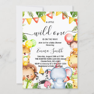 Wild One Oerwoud Safari Animals Baby shower Invita Kaart