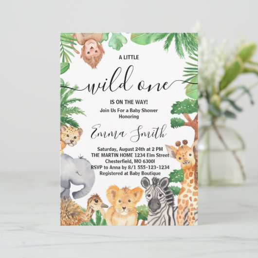 Wild One Oerwoud Safari Animals Baby shower Kaart (Staand voorkant)