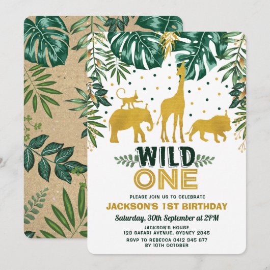Wild One Oerwoud Safari Animals Birthday Party Kaart (Voorkant / Achterkant)