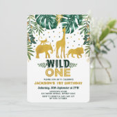 Wild One Oerwoud Safari Animals Birthday Party Kaart (Staand voorkant)