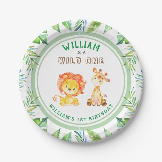 Wild One Oerwoud Safari Baby Boy 1e Verjaardagsfee Papieren Bordje (Voorkant)