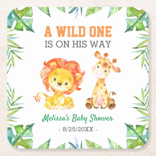 Wild One Oerwoud Safari Baby Boy Douche Sprinkle Kartonnen Onderzetters (Voorkant)