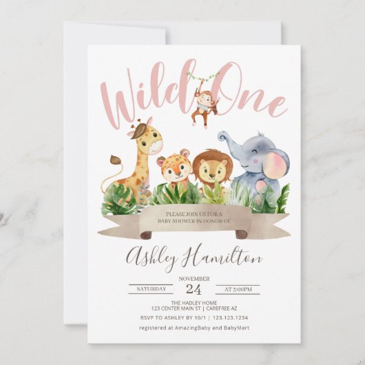 Wild One Oerwoud Safari Baby shower Invitation Kaart (Voorkant)