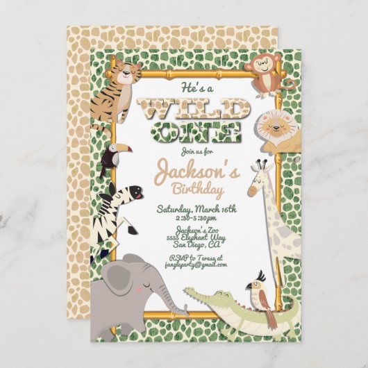 Wild One Oerwoud Safari Birthday Party Invitation Kaart (Voorkant / Achterkant)