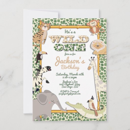 Wild One Oerwoud Safari Birthday Party Invitation Kaart (Voorkant)