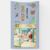 Wild One Oerwoud Safari Blauw 1e Verjaardag Spandoek (Verticaal)