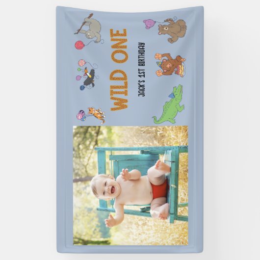 Wild One Oerwoud Safari Blauw 1e Verjaardag Spandoek (Verticaal)