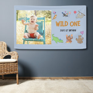 Wild One Oerwoud Safari Blauw 1e Verjaardag Spandoek